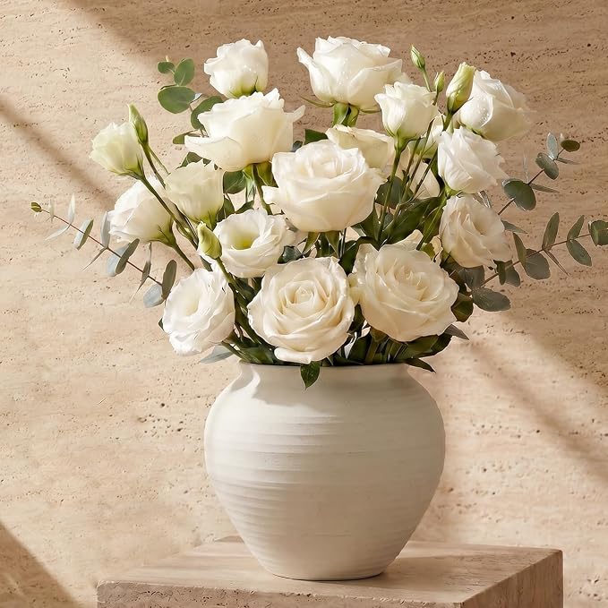Ceramic Vase 6.7", Textured Ribbed Flower Vase - Image 2