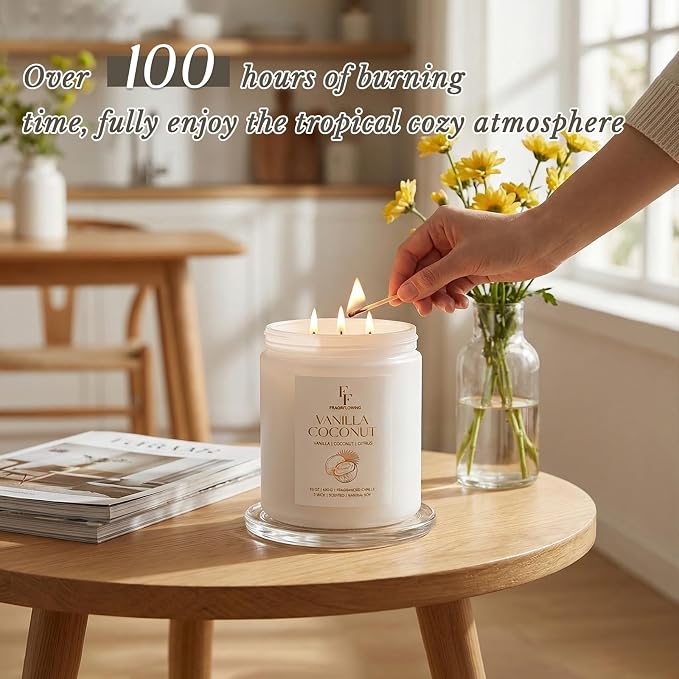 Vanilla Coconut Large Scented Candle, 3-Wick 22oz Long Lasting Scented Candle - Image 5