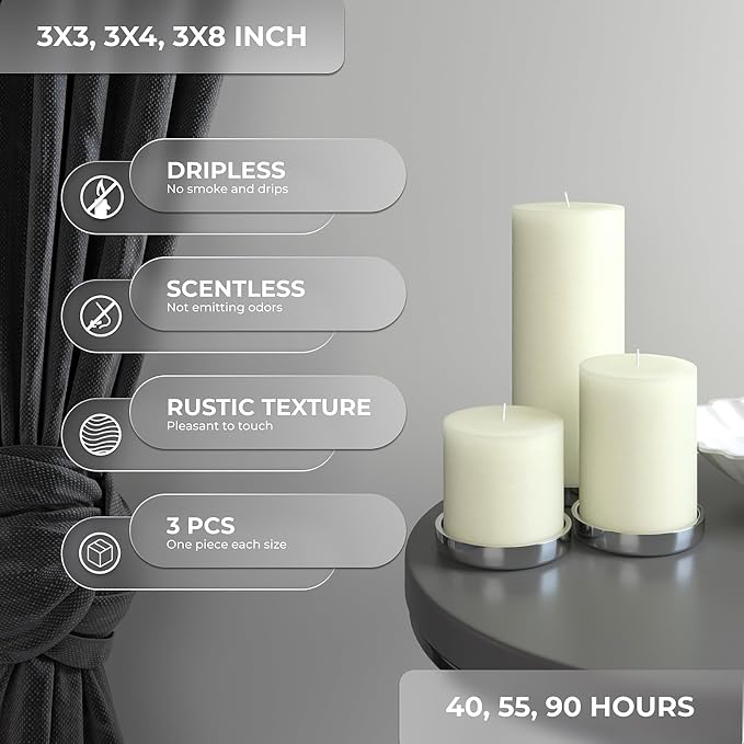Assorted Pillar Candles Set of 3 – Sizes 3", Rustic Style Long Burning - Image 3