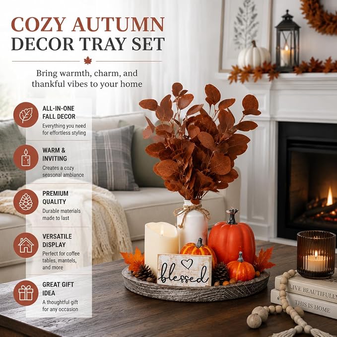11 Pcs Fall Decor Tray Set, Rustic Farmhouse Decor Centerpieces - Image 2