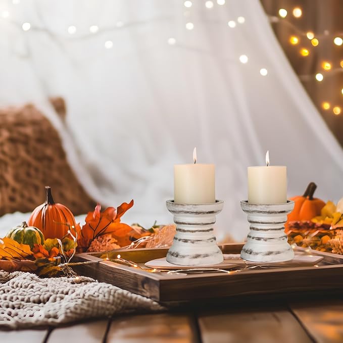 Candle Holder for Pillar Candle Set of 2, Farmhouse Wood Candle Holder - Image 5