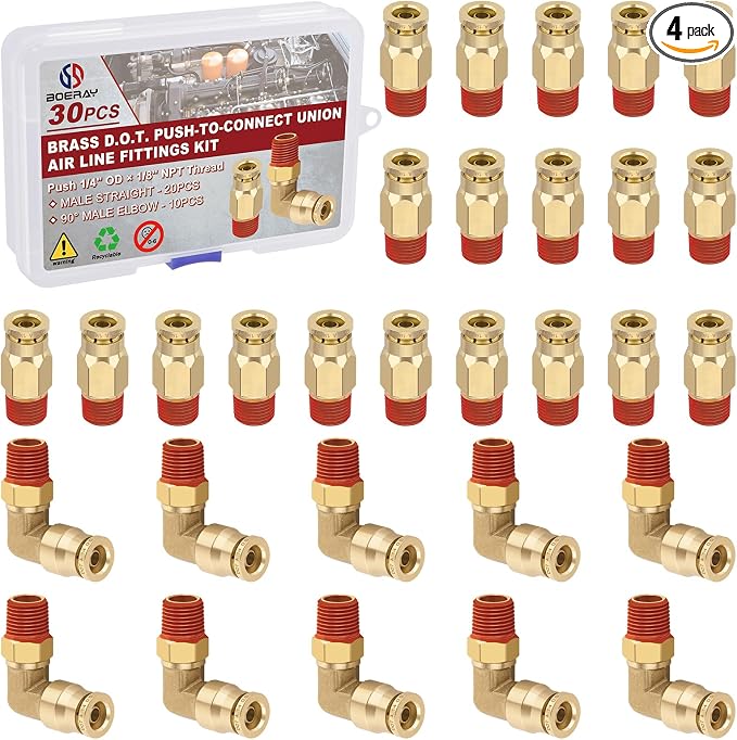 1/4" Tube x 1/8" NPT Male Straight & Elbow Brass Air Fittings Kit, 20 Straight by BOERAY