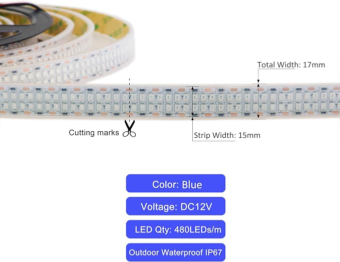Outdoor 12V Blue LED Strip Lights 16.4ft Double Row Waterproof IP67 | SMD 2835 - Image 4