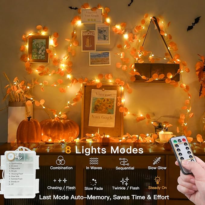 Vine with Fairy Lights Battery Operated, 33ft 100 LED Eucalyptus Leaf String - Image 2