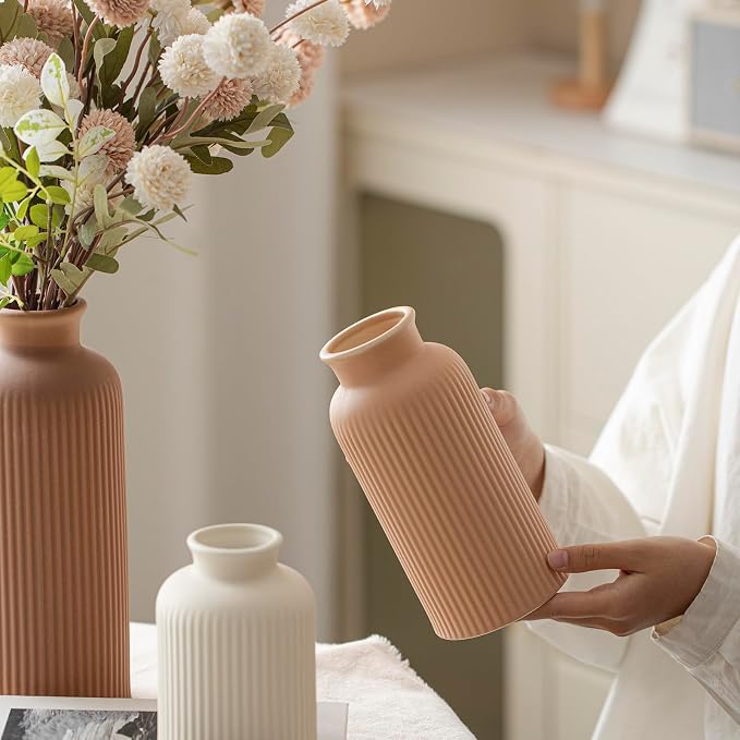 Large Modern Ceramic Vase Set, Coffee Ribbed Matte Design, 3-Piece Decorative - Image 3