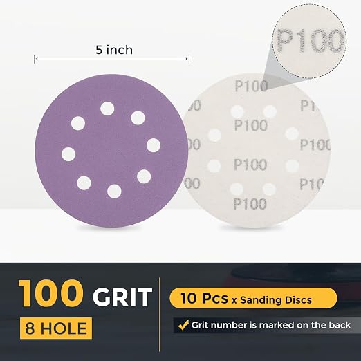 HARFINGTON 10Pcs 5Inch Sanding Disc 8 Hole 100Grit Purple Aluminum Oxide | Hook - Image 2