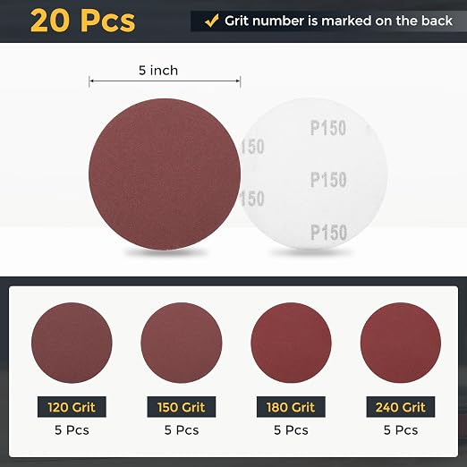 HARFINGTON 20Pcs 5Inch Sanding Disc Hook & Loop Sandpaper Aluminum Oxide | - Image 2
