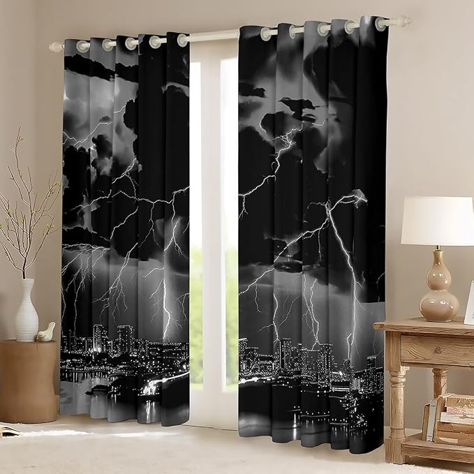 jejeloiu Grey Thunder Lightning Window Drapes Cool Flashing Lightning Blackout - Image 2