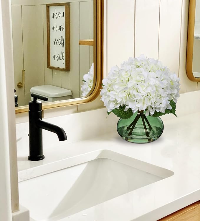 Hollyone White Hydrangeas Floral Arrangement in Glass Vase Artificial Flowers - Image 3