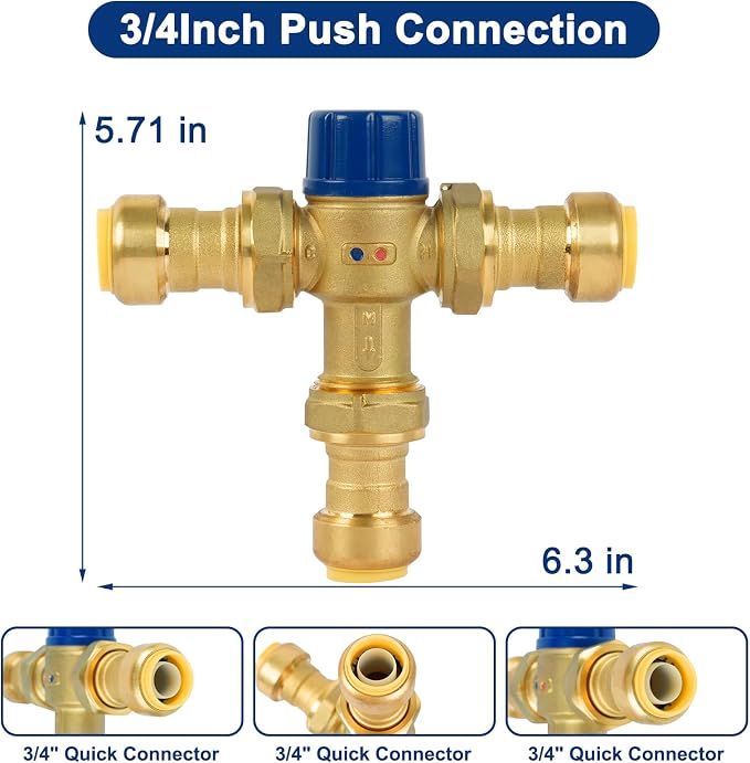 3/4 Inch Brass Thermostatic Mixing Valve, Push To Connect Brass Plumbing Fitting - Image 2