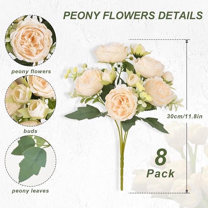 8 Packs Peonies Artificial Flowers, Champagne Silk Artificial Peonies | Fake - Image 4