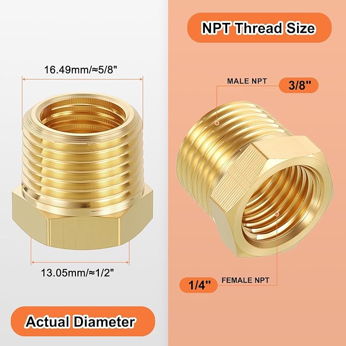 6 Pack Male to FeMale Adapter, 3/8" NTP Male x 1/4" NTP Female Brass Hex - Image 2