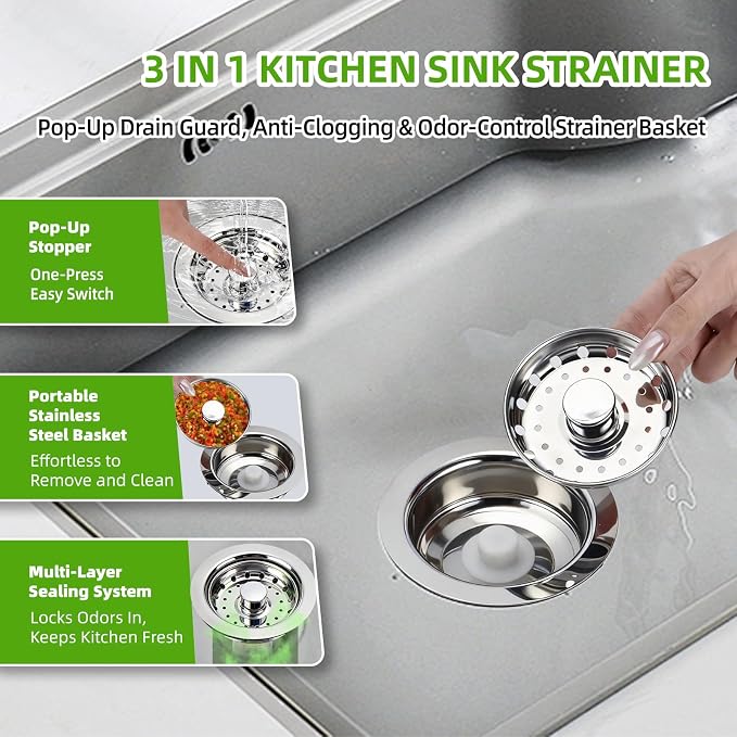 3 In 1 Kitchen Sink Drain Assembly, Stainless Steel Basket Strainer, 3-1/2 Inch - Image 3