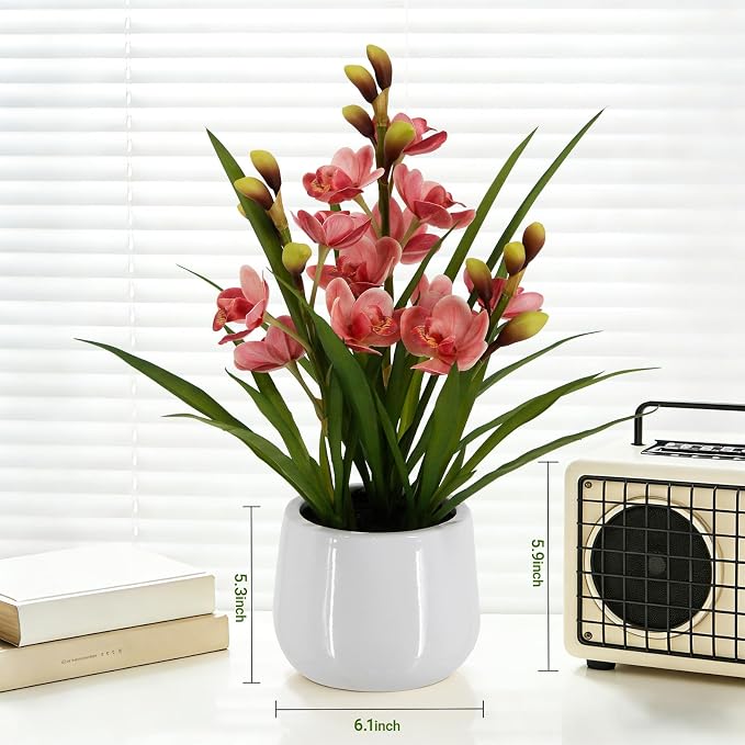 Fake Orchid Plant 19" Tall, Realistic Touch Leaves, Potted Cymbidium Artificial - Image 6