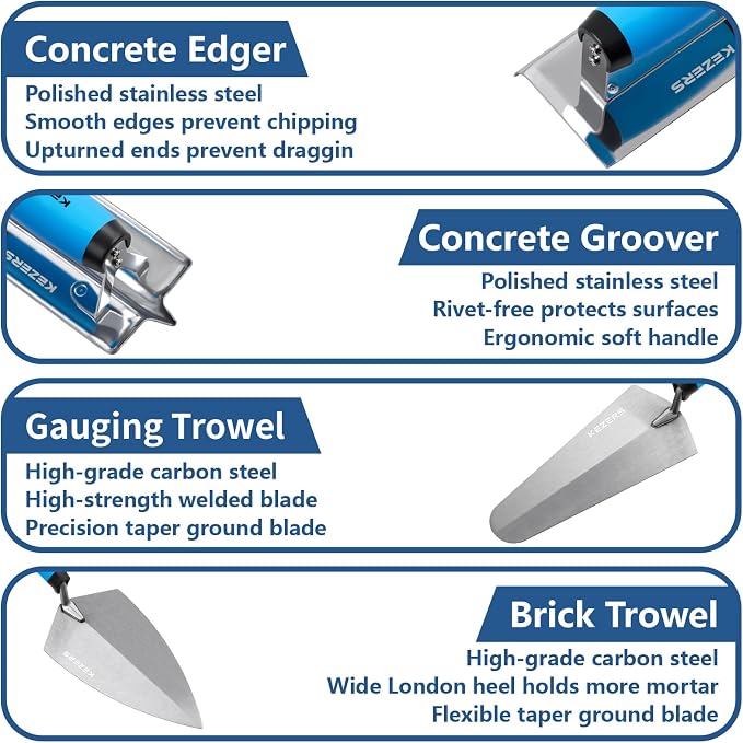 KEZERS 8-in-1 Concrete Finishing Tools Kit: Magnesium Float, Finishing & Pool - Image 6