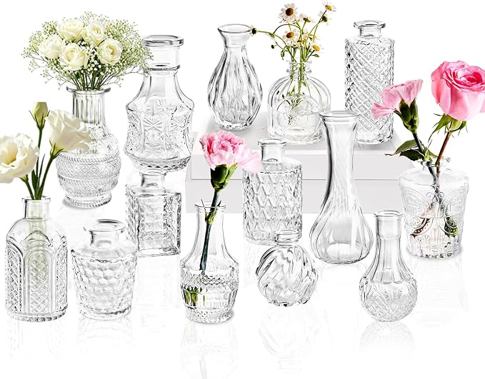 Clear Glass Bud Vase Set of 14 Pcs, Small Bud Vases in Bulk, Glass Crystal by JXINDUJU