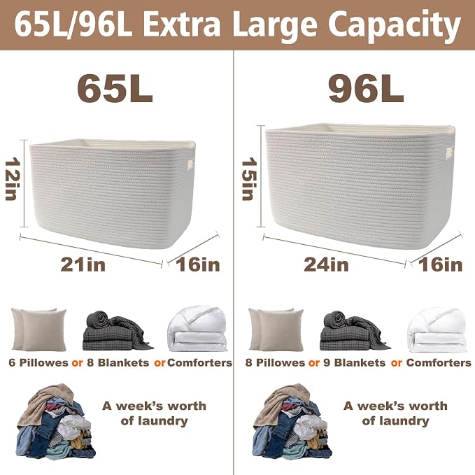 JMvicyroam 96L Large Woven Cotton Rope Blanket Basket, Freestanding - Image 3