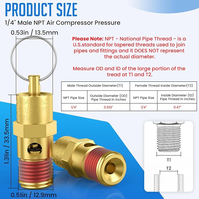 2 Pcs 1/4" NPT 200 PSI Air Compressor Pressure Relief Valve, Brass Safety Valve - Image 2