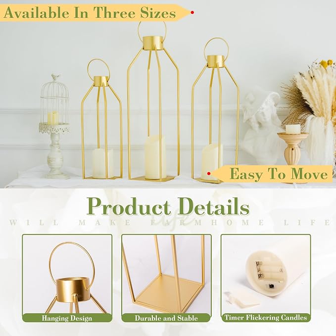 HPC DECOR Modern Farmhouse Lantern Decor- 22''19''16''Tall Large Gold Metal - Image 7