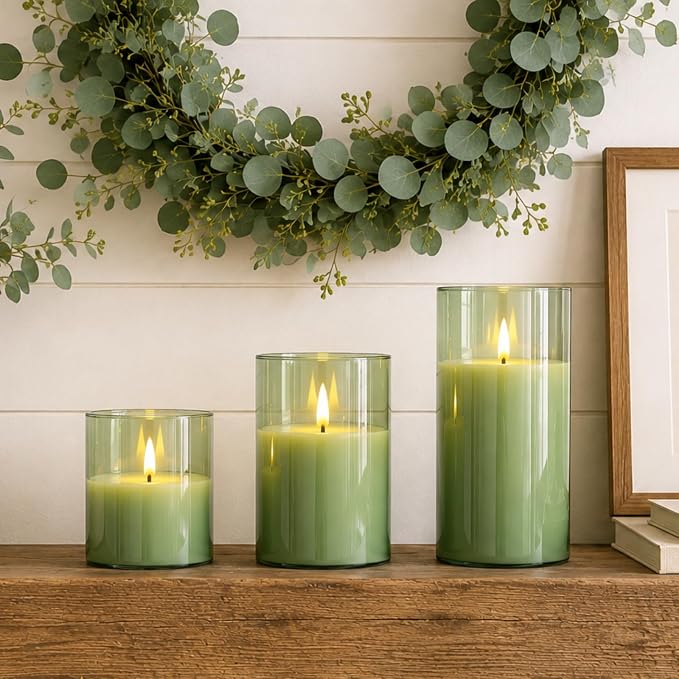 Homemory Sage Green Glass Flameless Candles, Real Wax, Remote Timer, 3 Pack | - Image 2