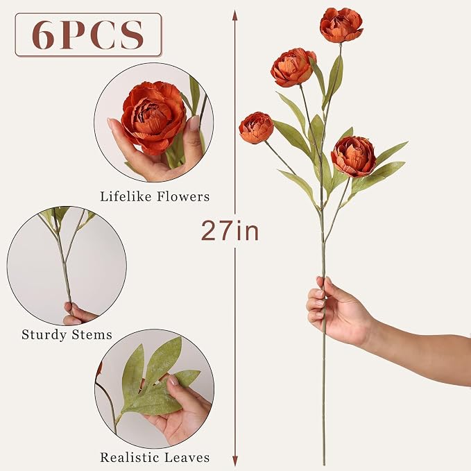 6 Pcs 27" Faux Silk Peony Artificial Fall Flowers Stems - Image 5