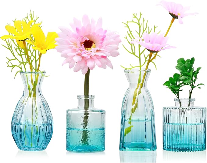 Glass Bud Vases Set of 4, Small Blue Flower Vases by Mapoxy