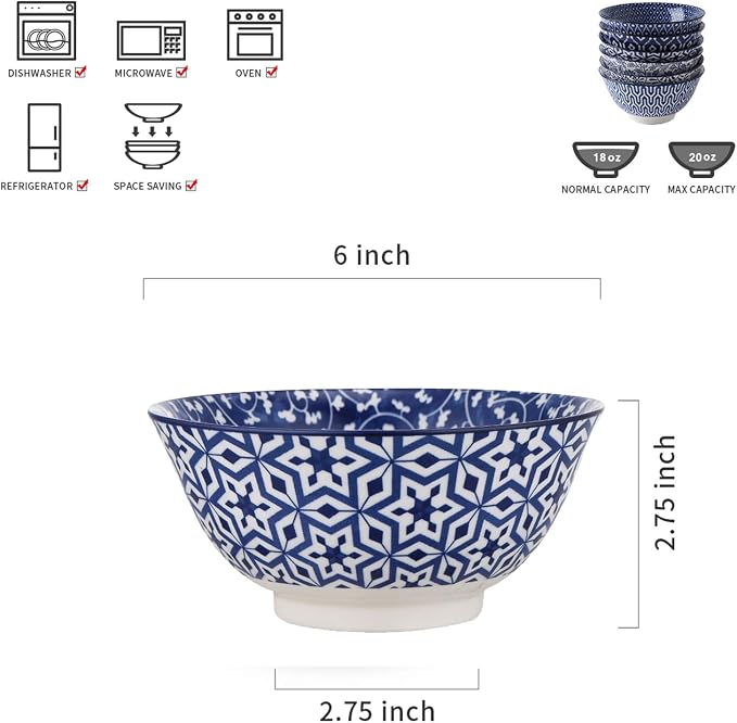 Selamica Blue and White Porcelain 20oz Cereal Bowl Set - Image 2