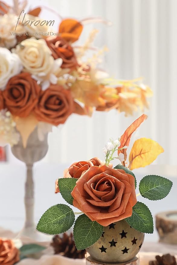 Artificial Flowers 25pcs Real Looking Burnt Orange Foam Fake Roses - Image 5