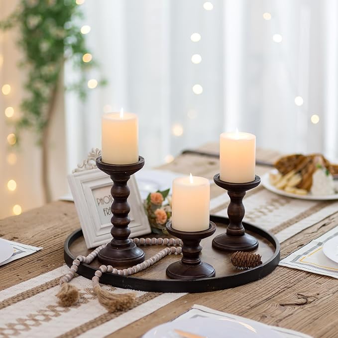 Romadedi Wood Candle Holders for Pillar, Dark Brown, Farmhouse Candle Stand - Image 5
