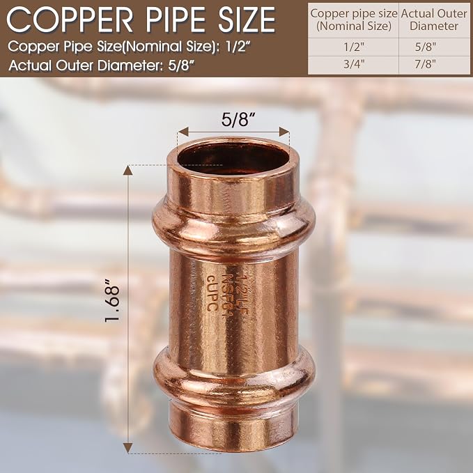 12PK Copper Press Fittings, 1/2inch Copper Coupling - Image 2