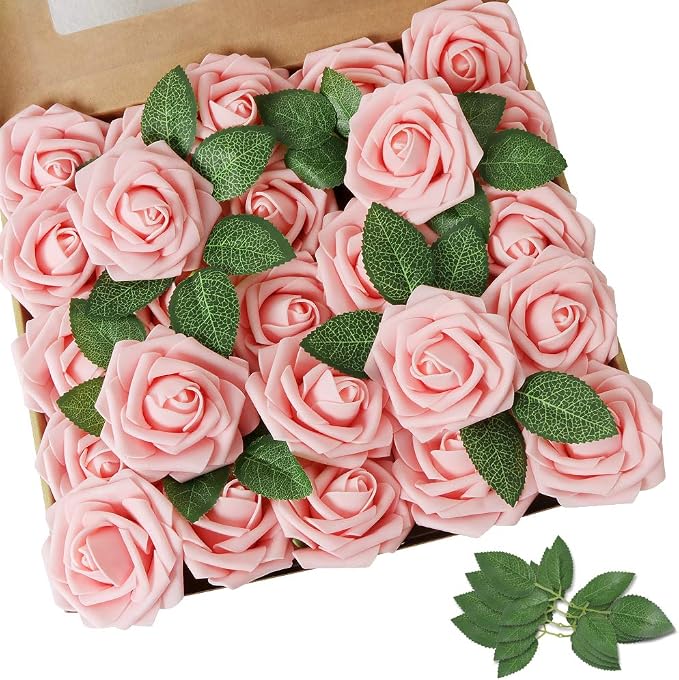 AmyHomie Pink Rose 50pcs Real Looking Artificial Flowers w/Stem | Bouquet by AmyHomie