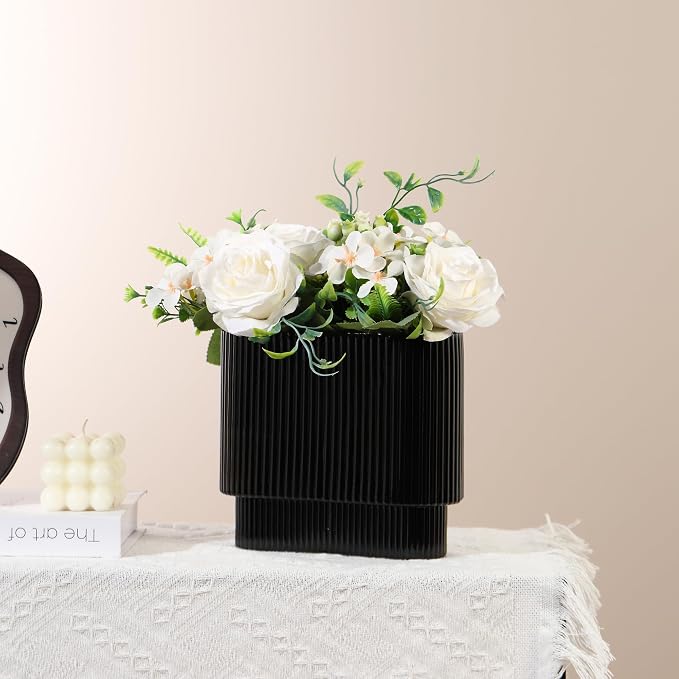 Ribbed Vase, Modern Vases for Living Room, Dining Table, 7 Inch - Image 3