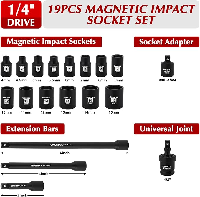 EMENTOL 1/4 Inch Drive Magnetic Impact Socket Set, 19-Piece Metric, 6 Point - Image 2