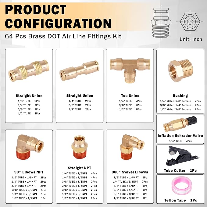CheeMuii 64PCS Brass DOT Air Line Fittings Kit - Image 2