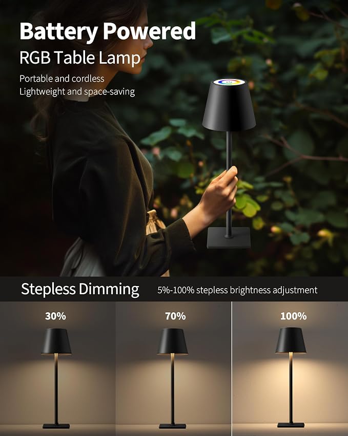 KDG 2 Pack Cordless Black Table Lamps, RGB Color Stepless Dimming Desk Lamp | - Image 4