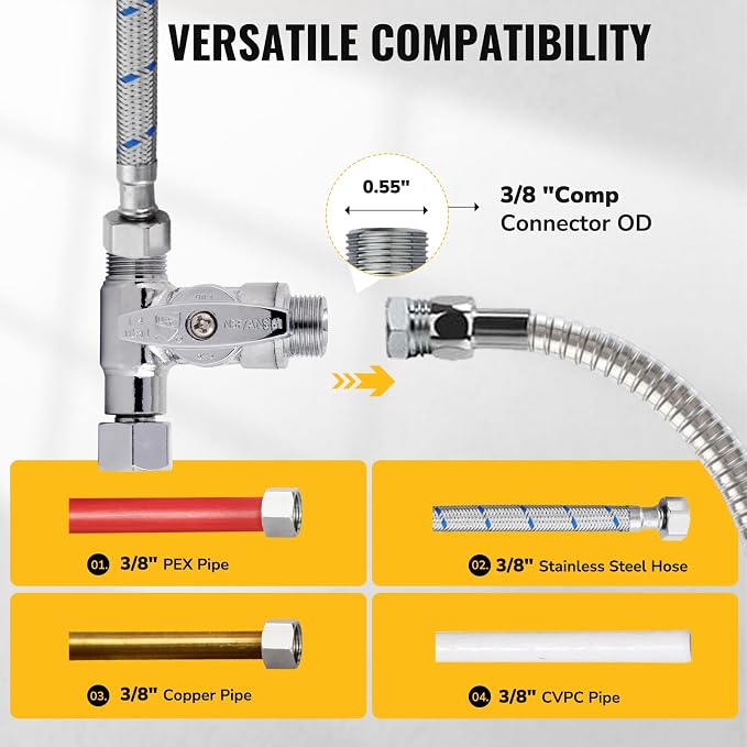 Tee Stop Valve, 3/8" × 3/8" × 3/8" or 1/2" Toilet T Connector, Angle Stop - Image 4