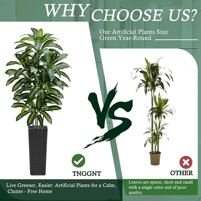 Artificial Dracaena Tree: 7FT Fake Plants Silk Faux Trees（Black Pot） | - Image 4