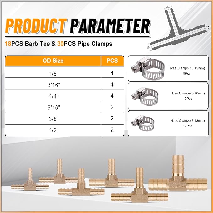 KOOTANS 18PCS Brass Hose Barb Fittings Barb Tee T-Fitting 3 Way Union Kit 1/8″ - Image 3