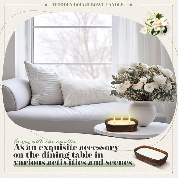 Threlaco 1 Pack 10 Inch Wood Dough Bowl Candles Home Rustic Dough Bowl Soy - Image 5