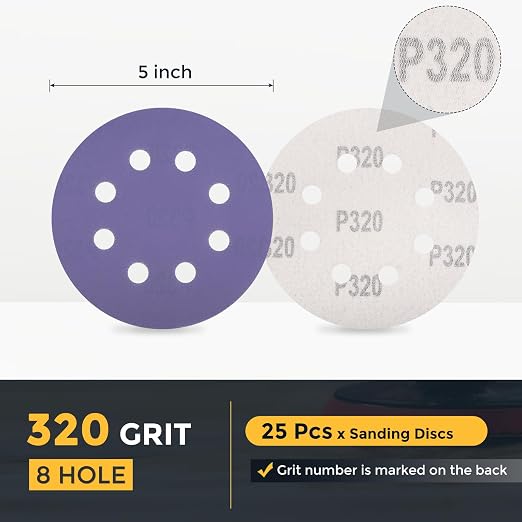 HARFINGTON 25Pcs 5Inch Sanding Disc 8 Hole 320Grit Purple Aluminum Oxide | Hook - Image 2