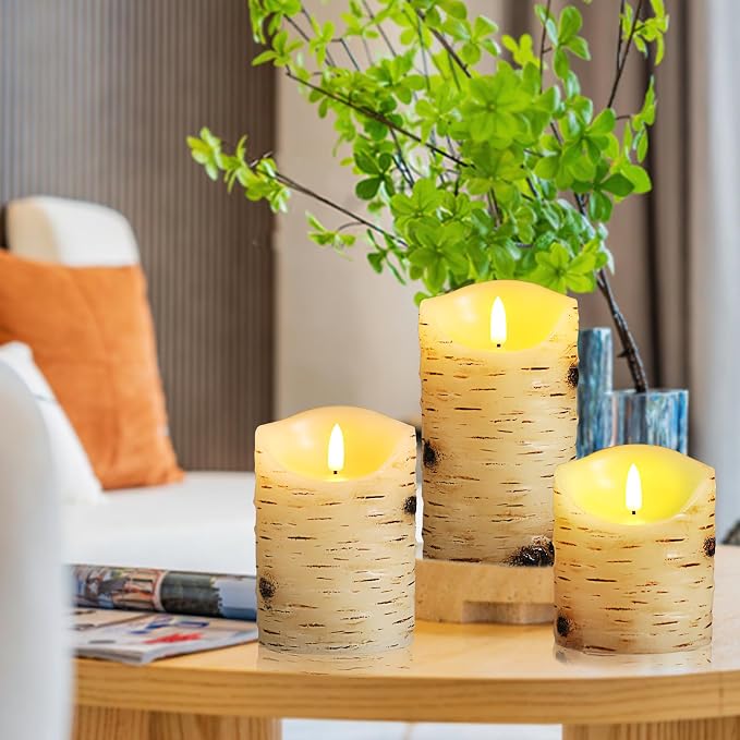 qinxiang Flameless Candles LED Candles Birch Bark Set of 3 Ivory Real Wax - Image 5