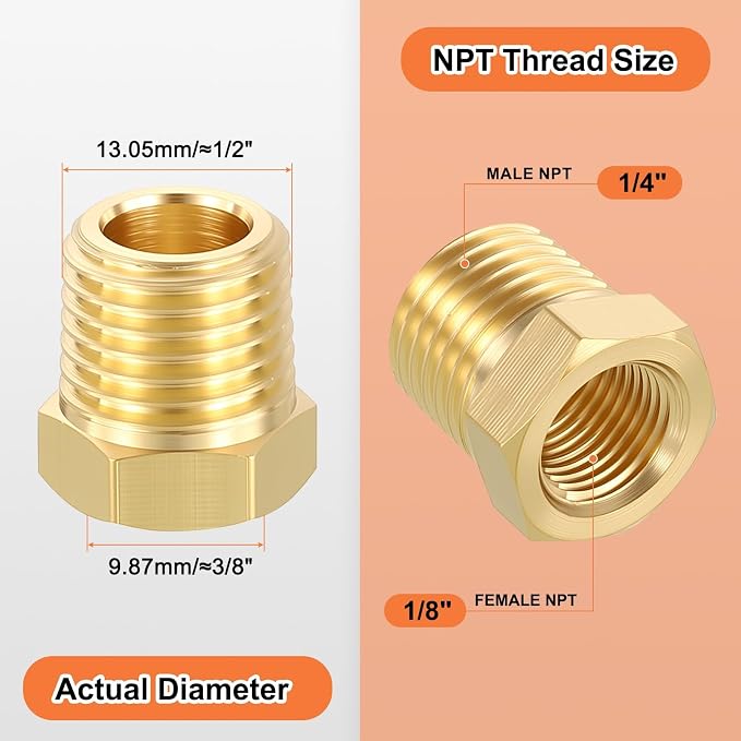 5 Pack Male to FeMale Adapters, 1/4" MNPT x 1/8" FNPT Threaded Brass Hex - Image 2