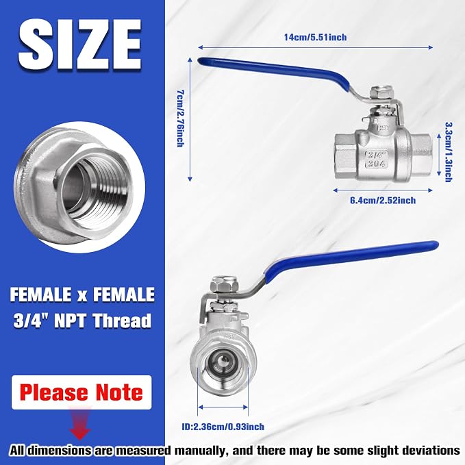 2 Pack Ball Valves 304 Stainless Steel 3/4 Inch NPT Female to Female Thread - Image 2
