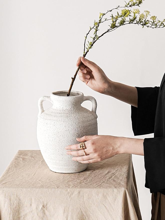 White Ceramic Vase with Handles, Farmhouse Rustic, Gritstone White | Decorative - Image 5