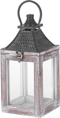 12" High Farmhouse Decorative Lantern, Glass and Metal, Distressed White Wood by Unknown