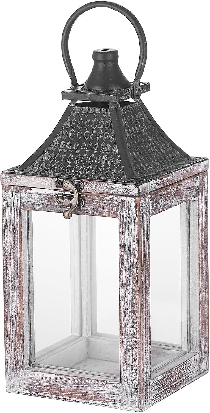 12" High Farmhouse Decorative Lantern, Glass and Metal, Distressed White Wood by Unknown