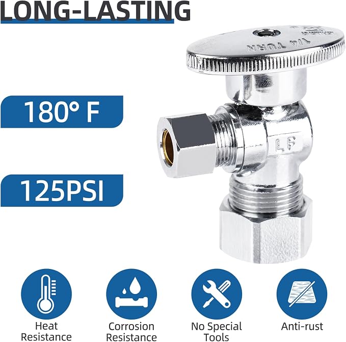 BH Angle Stop Valve 1/2" Nominal Compression x 3/8" OD, 1/4-Turn Shut Off Valve - Image 2