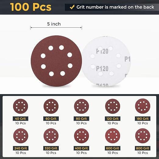 HARFINGTON 100Pcs 5Inch Sanding Disc 8 Hole Hook and Loop Sandpaper Red | - Image 2