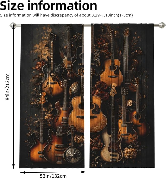 Floral Guitar Music Window Curtains 2 Panels Set, 52 X 84 Inch Polyester Drapes - Image 3
