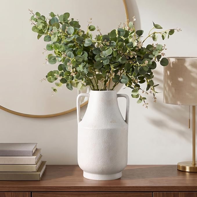 Ceramic Flower Vase with Handles, 11in Tall White Vases - Image 6